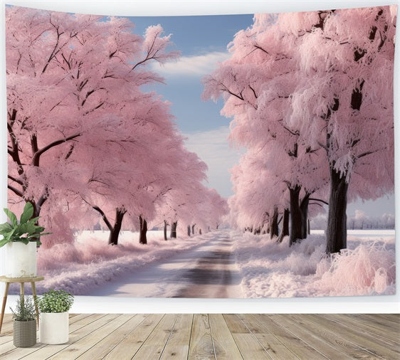 Road Through Frosted Pink Winter Landschaft Hintergrund BRP9-278