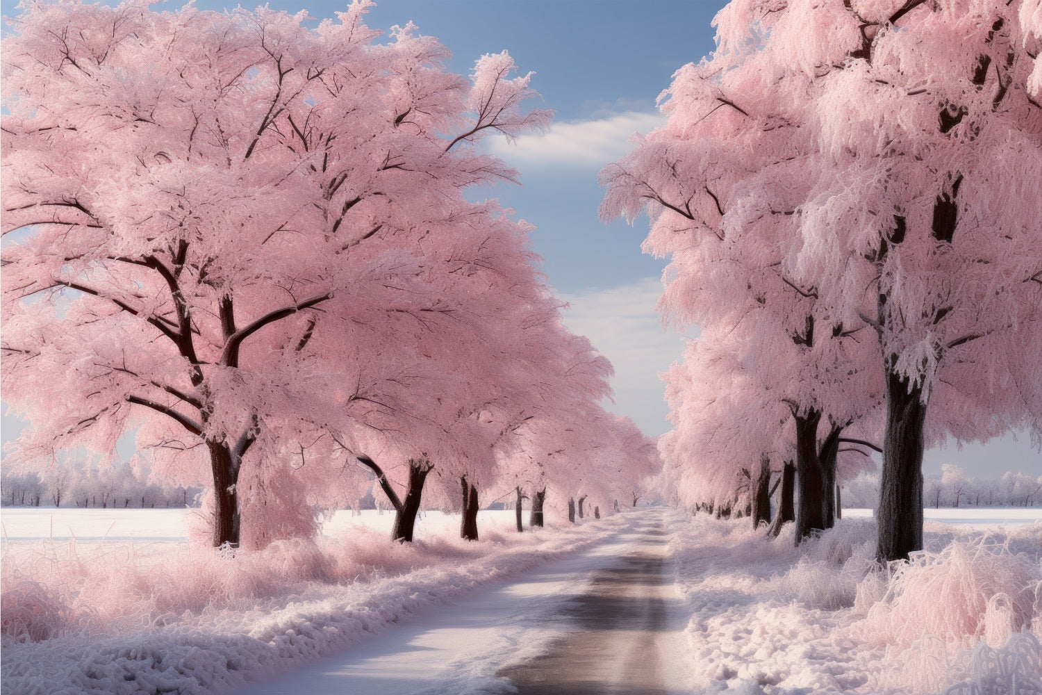 Road Through Frosted Pink Winter Landschaft Hintergrund BRP9-278