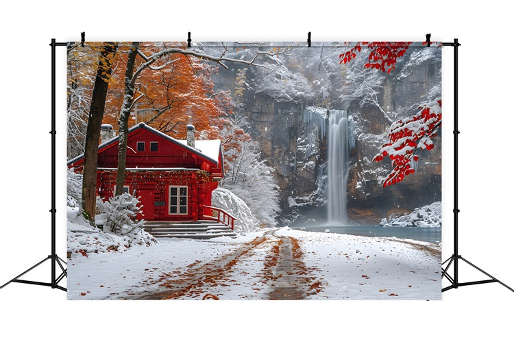 Winter verschneite rote Hütte fließenden Wasserfall Hintergrund BRP9-292