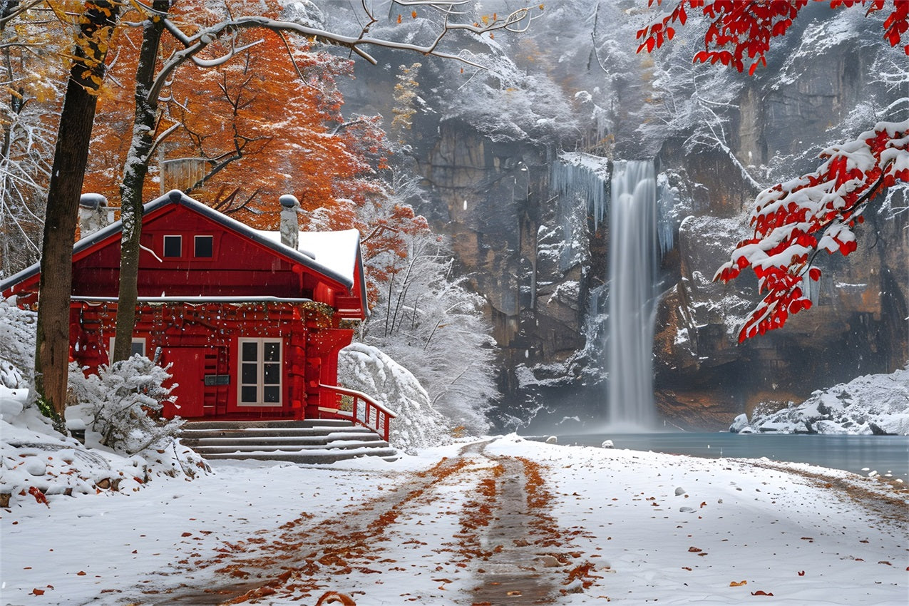 Winter verschneite rote Hütte fließenden Wasserfall Hintergrund BRP9-292