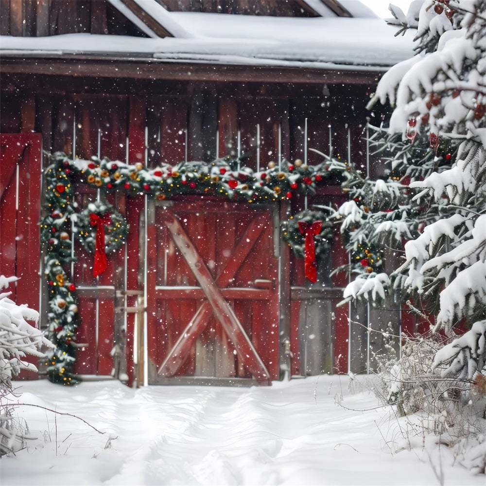 Rote Holzscheune Schneefall Bäume Winterkulisse BRP9-293