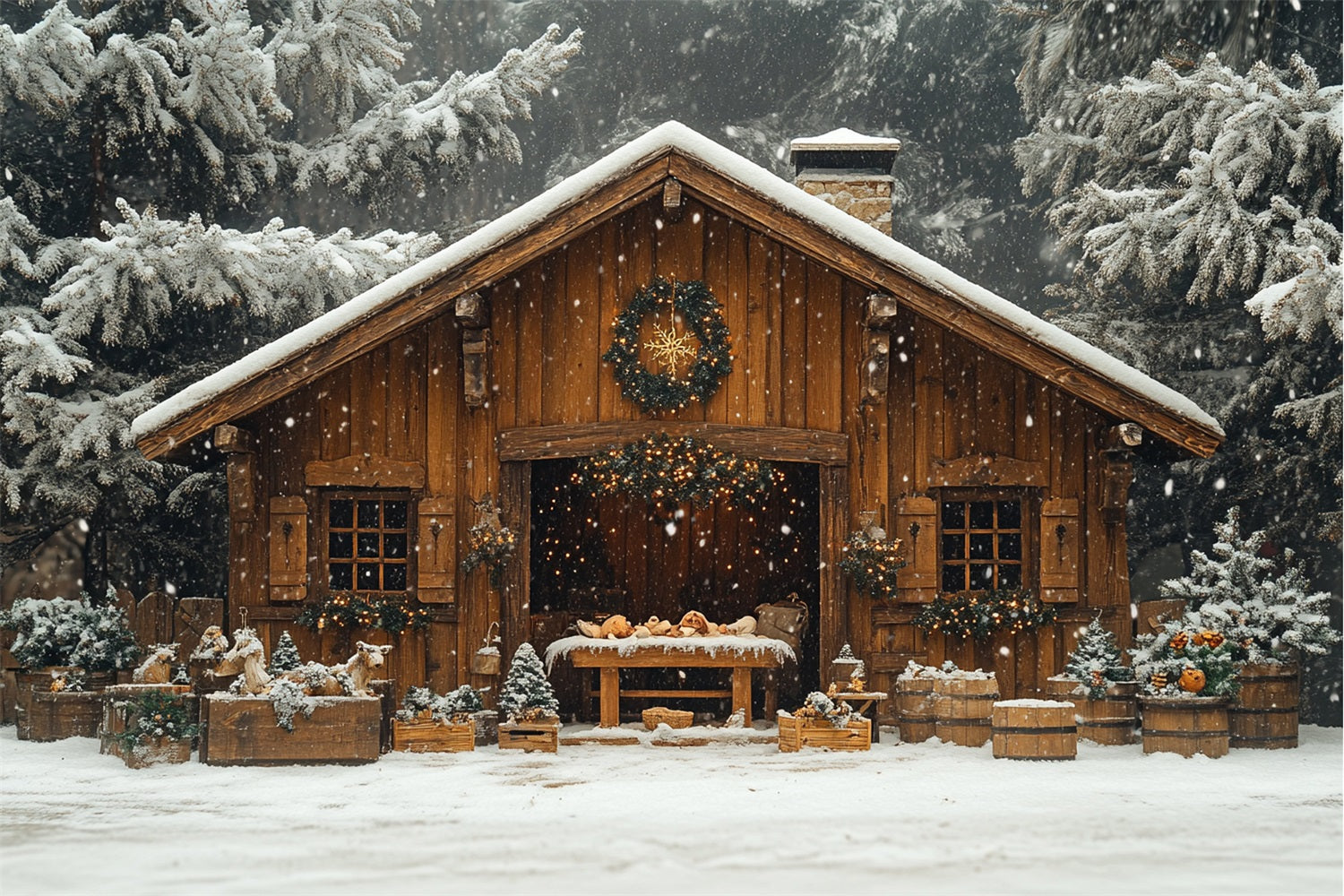 Winter Schnee bedeckten Wald gemütliche Hütte Hintergrund BRP9-302