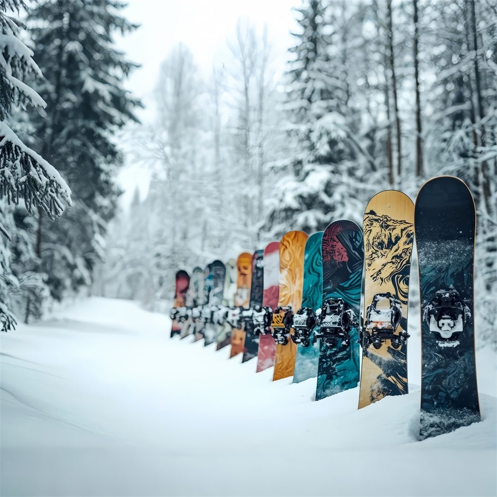 Bunte Snowboards Winter verschneiten Wald Hintergrund BRP9-303