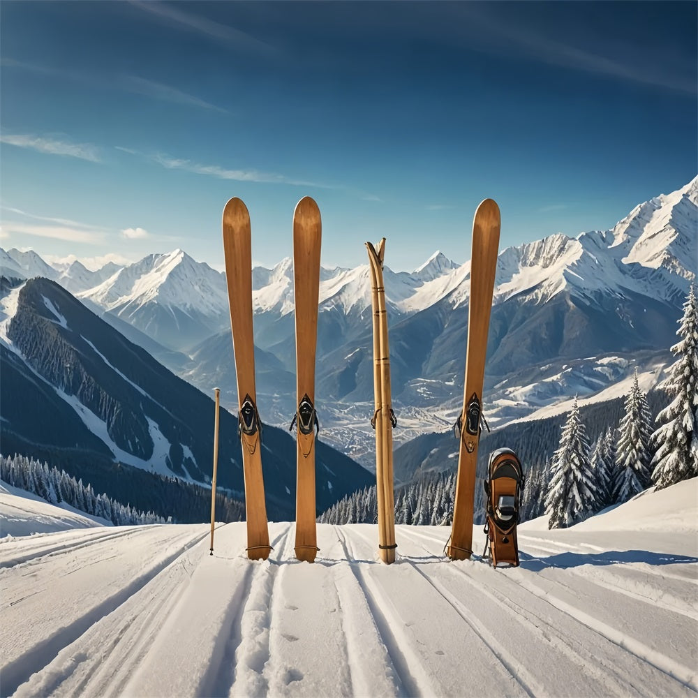 Hölzerne Skier Winterberglandschaft Hintergrund BRP9-304