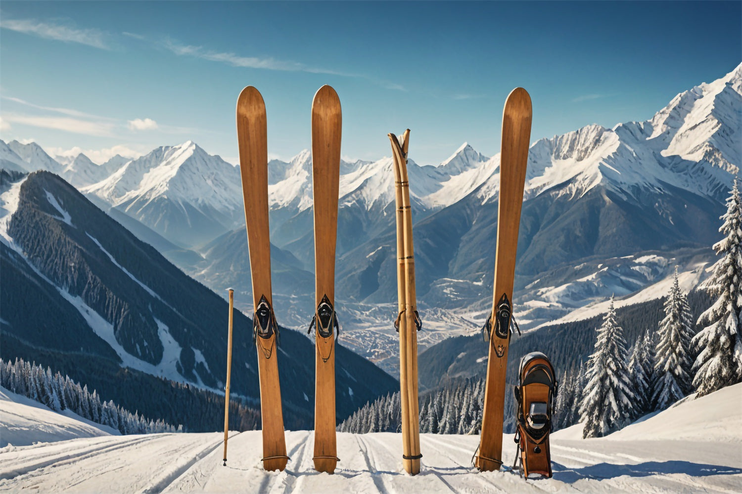 Hölzerne Skier Winterberglandschaft Hintergrund BRP9-304