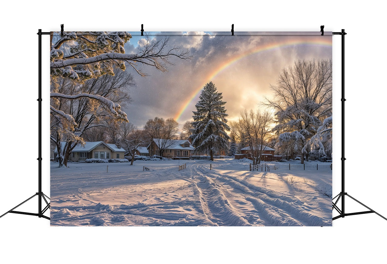 Verschneiter Horizont Regenbogen über frostigen Bäumen Hintergrund BRP9-327