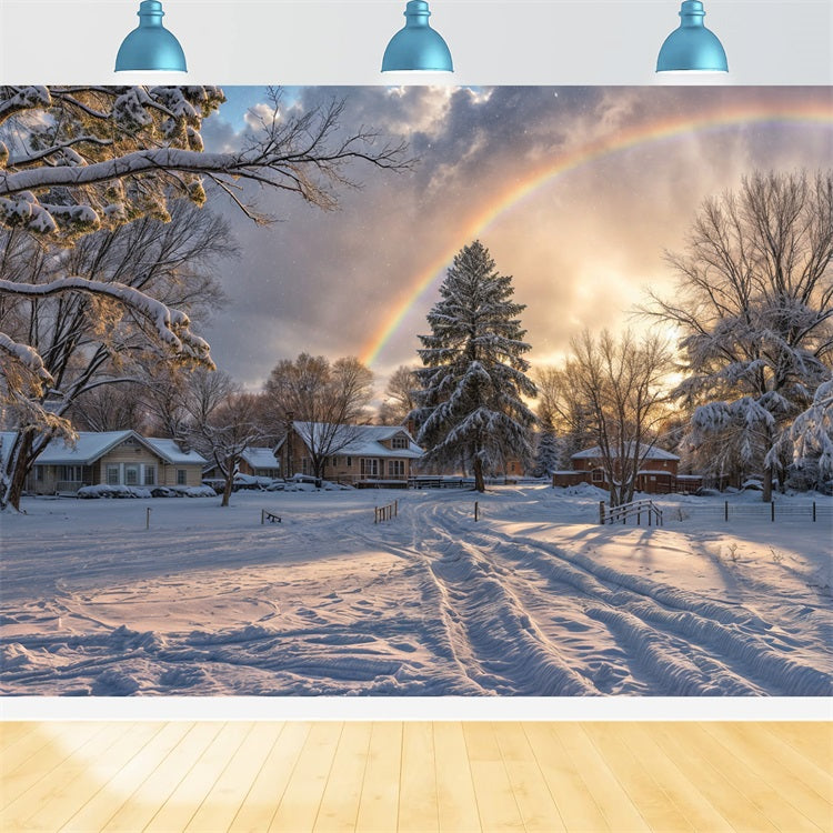 Verschneiter Horizont Regenbogen über frostigen Bäumen Hintergrund BRP9-327