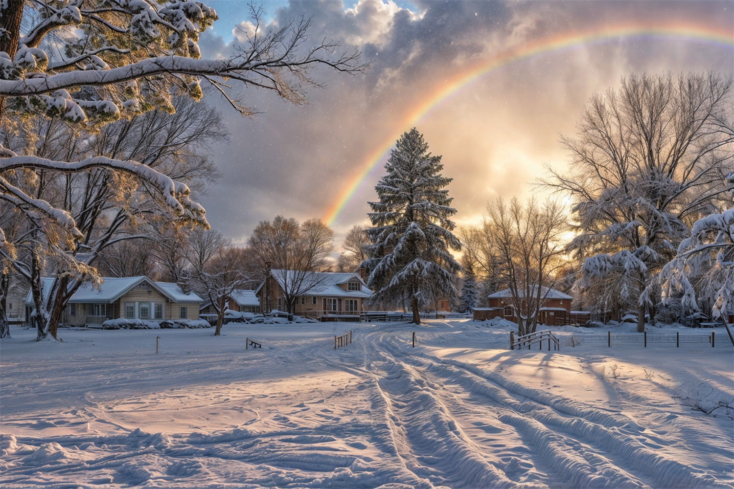 Verschneiter Horizont Regenbogen über frostigen Bäumen Hintergrund BRP9-327