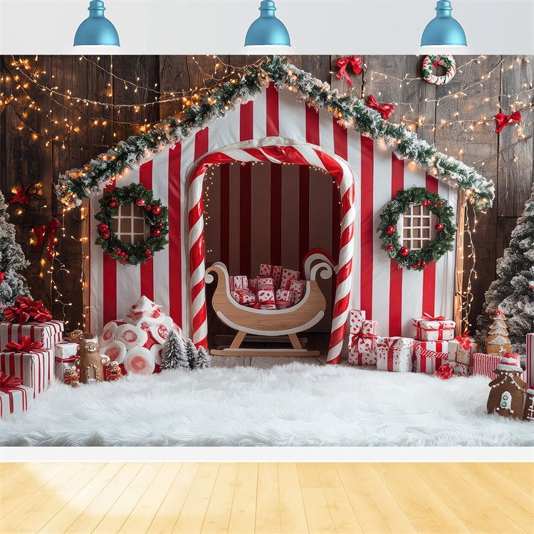 Winterlich gestreiftes Zuckerstangenhaus Backdrop BRP9-331