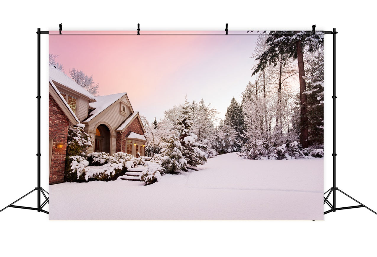 Winterlich verschneites Landhaus Rosa Sonnenuntergang Hintergrund BRP9-363