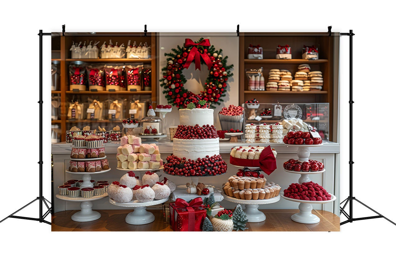 Weihnachtsdessert-Display mit Preiselbeerkranz-Hintergrund BRP9-79