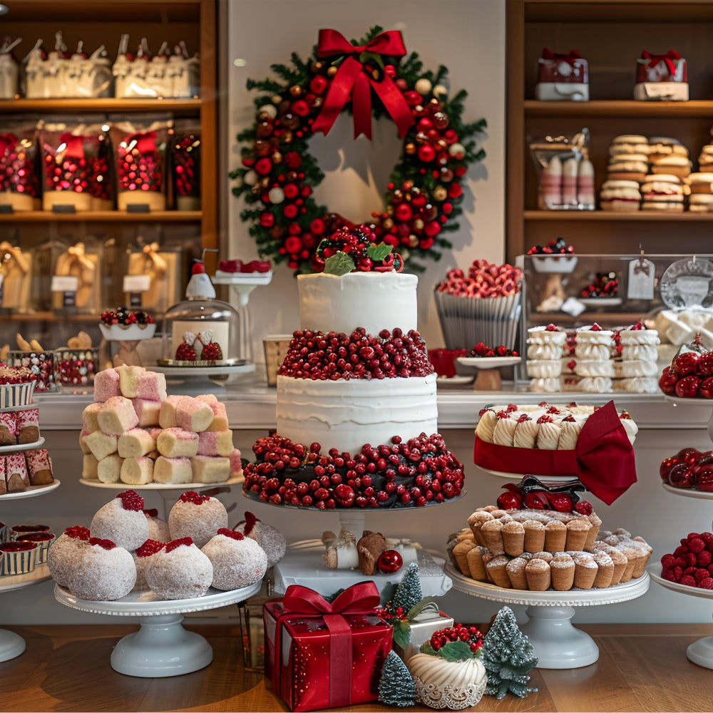 Weihnachtsdessert-Display mit Preiselbeerkranz-Hintergrund BRP9-79