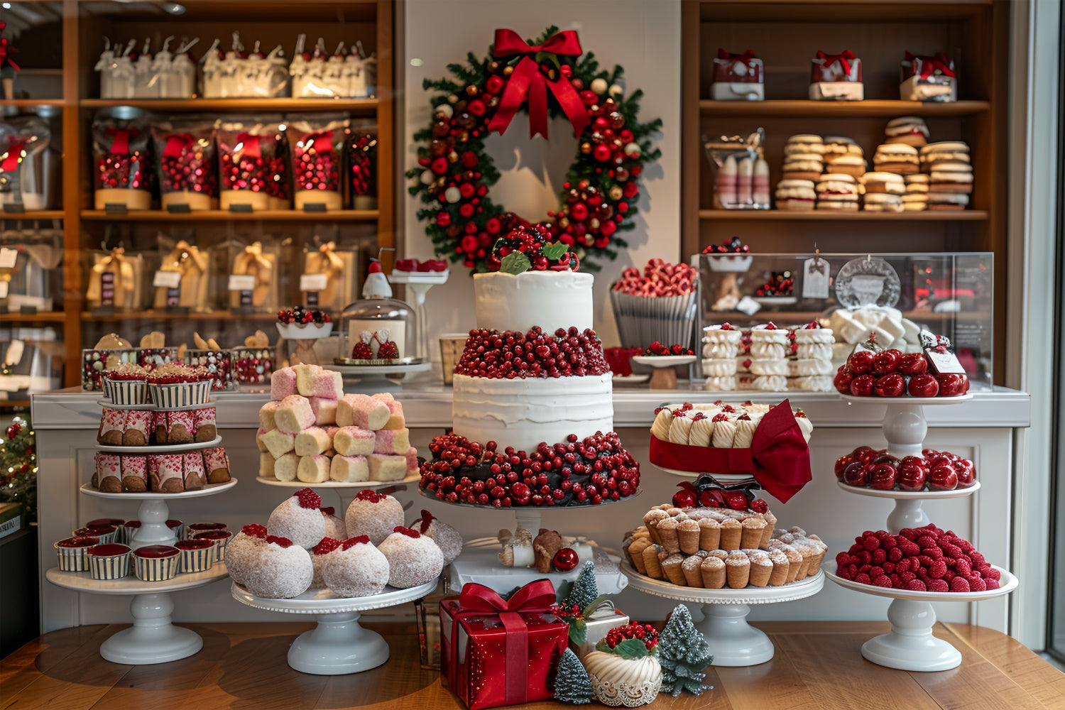 Weihnachtsdessert-Display mit Preiselbeerkranz-Hintergrund BRP9-79