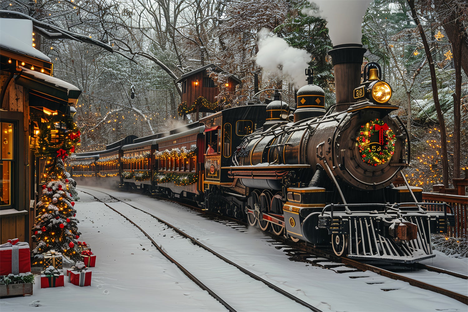 Winterlicher Weihnachtszug mit verschneiten Gleisen BRP9-81