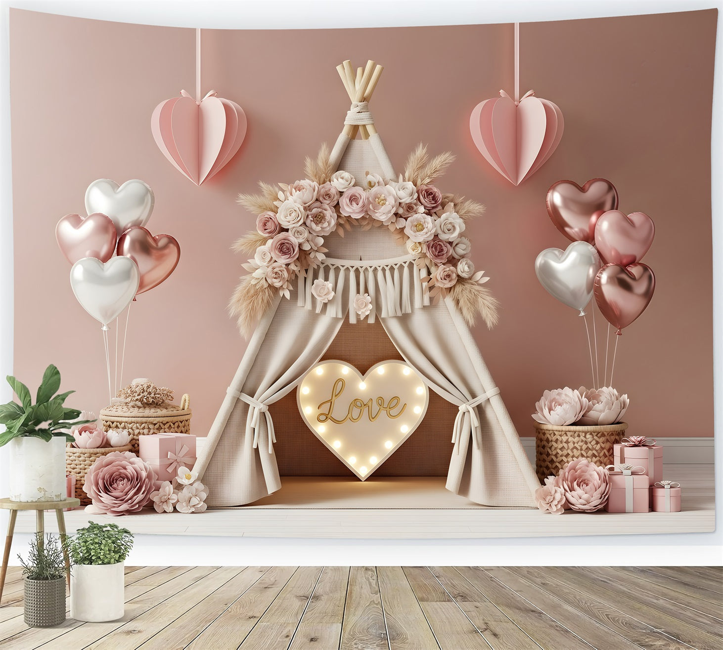 Valentinstag-Hintergrund Boho Floral Cozy Love Valentinstag-Fotohintergründe von Magali
