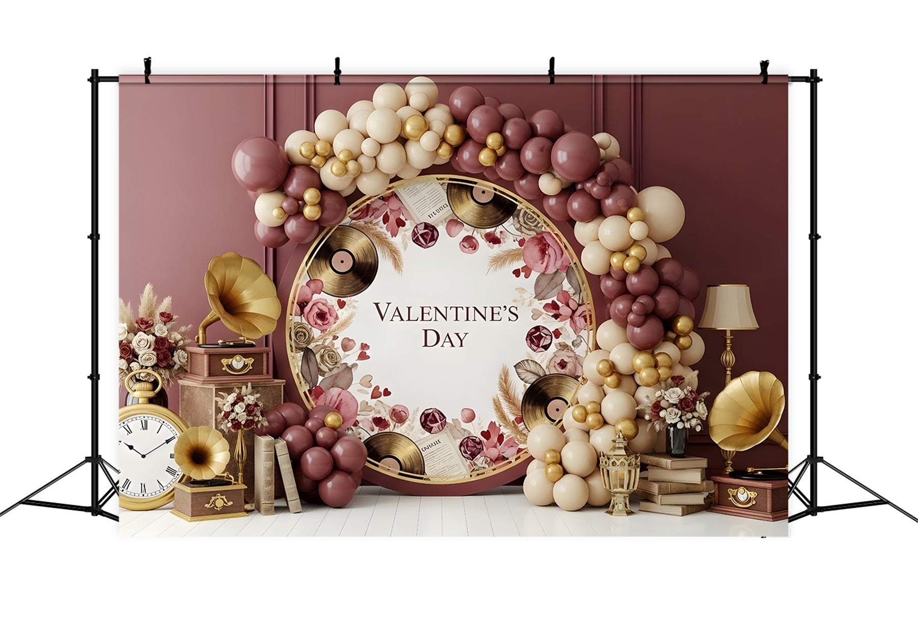 Valentinstag-Hintergrund Vintage-Schallplatten Rosenarrangement Hintergründe zum Valentinstag von Magali