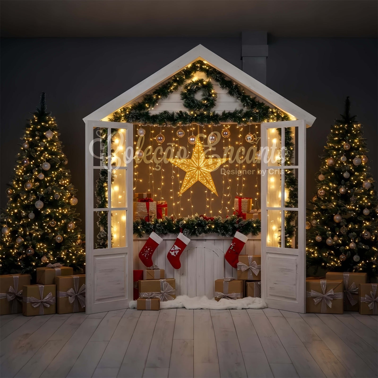 Weihnachten Backdrop Ideen Gemütliche Hütte Glühende Sterne Backdrop CEM5-16