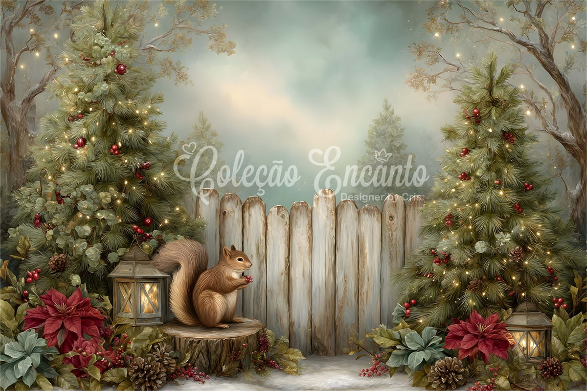 Weihnachten Fotokulissen Eichhörnchen Tannenbaum Zaun Kulisse CEM5-27