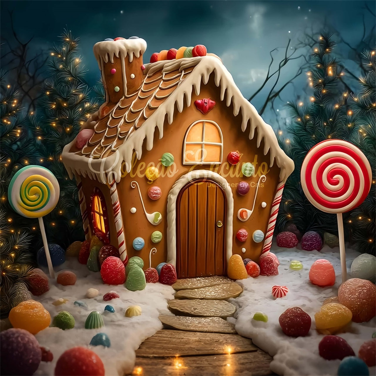 Weihnachten Fotokulisse Candy Cottage Baum Lichter Kulisse CEM5-48