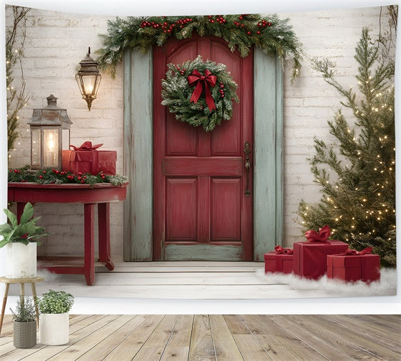 Professionelle Weihnachts-Hintergrundbilder Rote Tür Kranz Geschenk Hintergrund CEM5-50