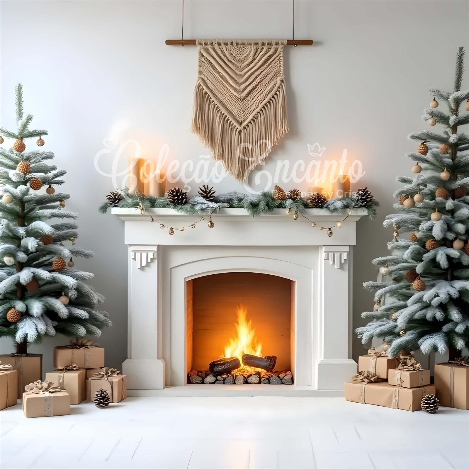 Weihnachts-Kamin-Hintergrundkulisse Rustikale Tannenzapfen-Kamin-Hintergrundkulisse CEM5-68