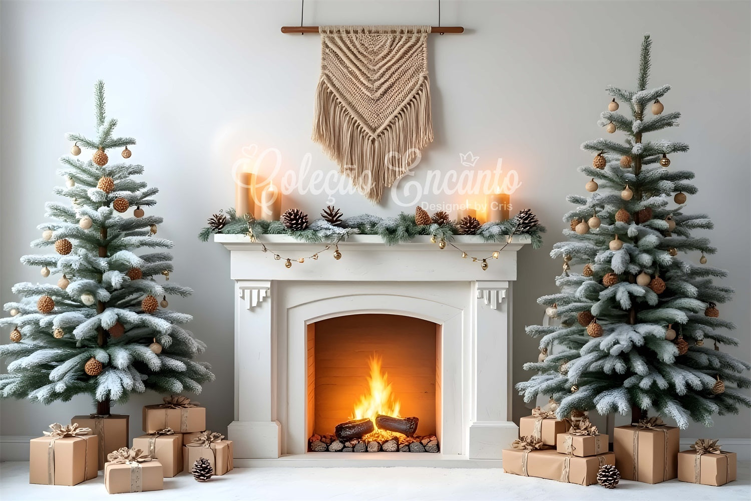 Weihnachts-Kamin-Hintergrundkulisse Rustikale Tannenzapfen-Kamin-Hintergrundkulisse CEM5-68