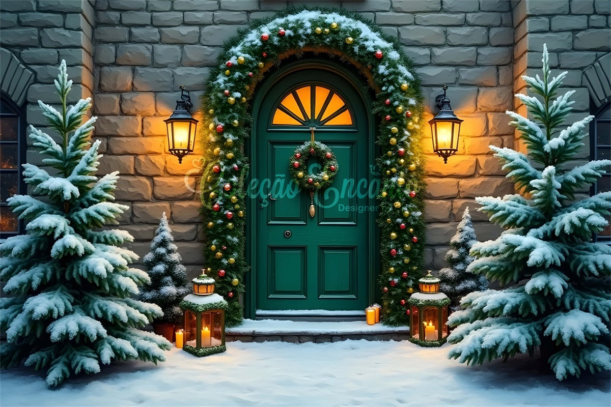 Xmas Backdrops Steinmauer Kranz Grüne Tür Backdrop CEM5-81