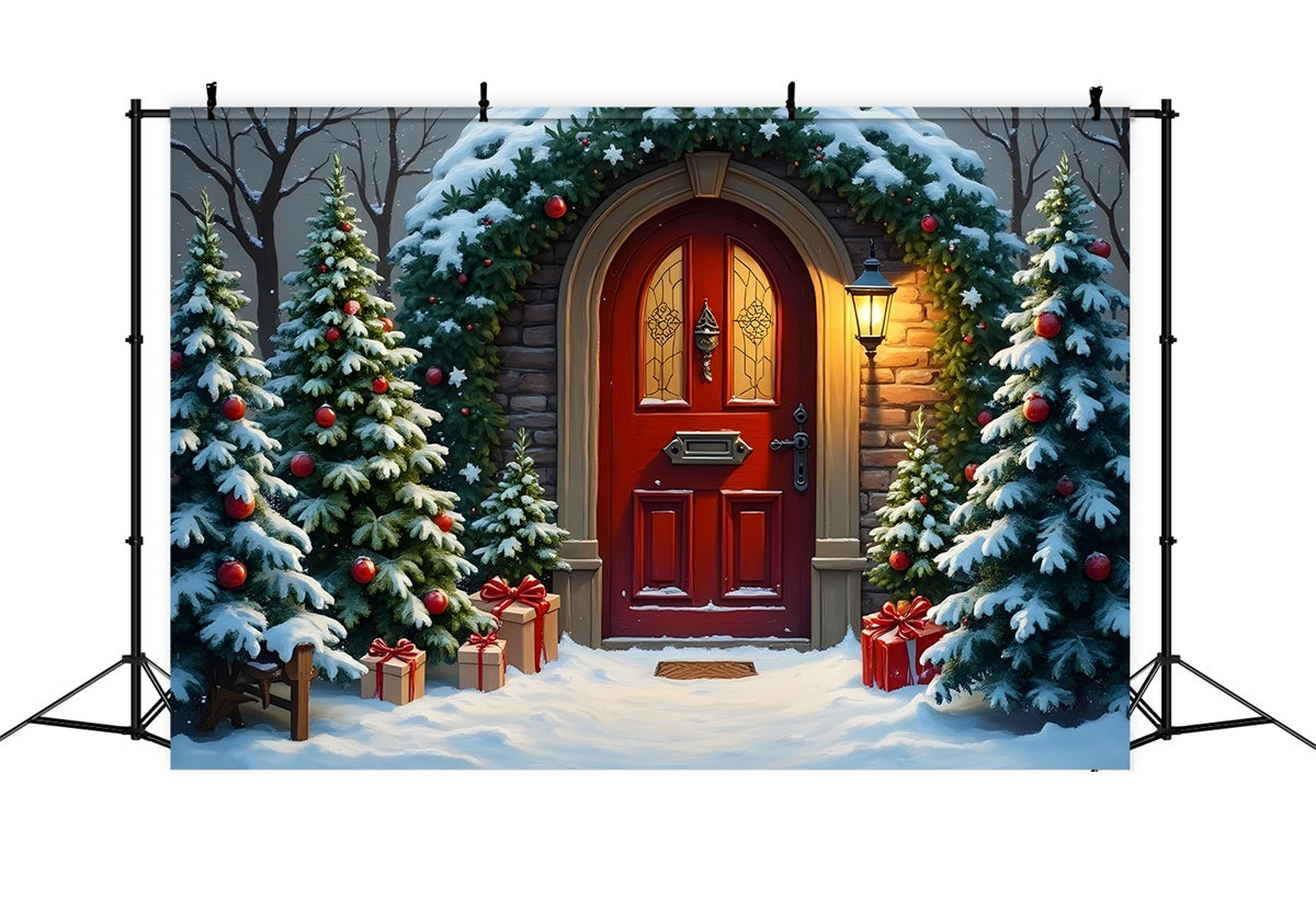 Weihnachtsbaum Backdrop Verschneiter Baum Rote Tür Backdrop CEM5-83