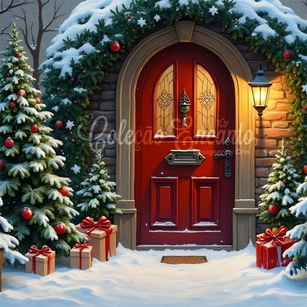 Weihnachtsbaum Backdrop Verschneiter Baum Rote Tür Backdrop CEM5-83