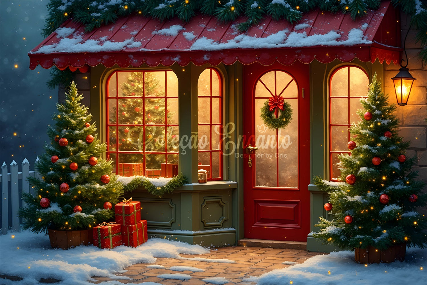 Weihnachten Backdrops Verkauf Rote Tür Kiefer Veranda Backdrop CEM5-86