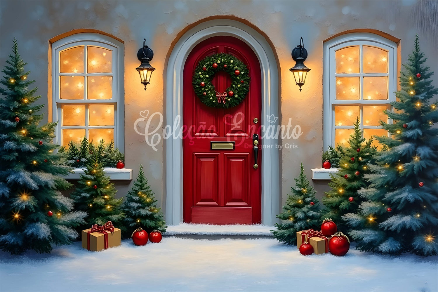 Weihnachten Backdrop Rote Tür Winter Kiefer Backdrop CEM5-90