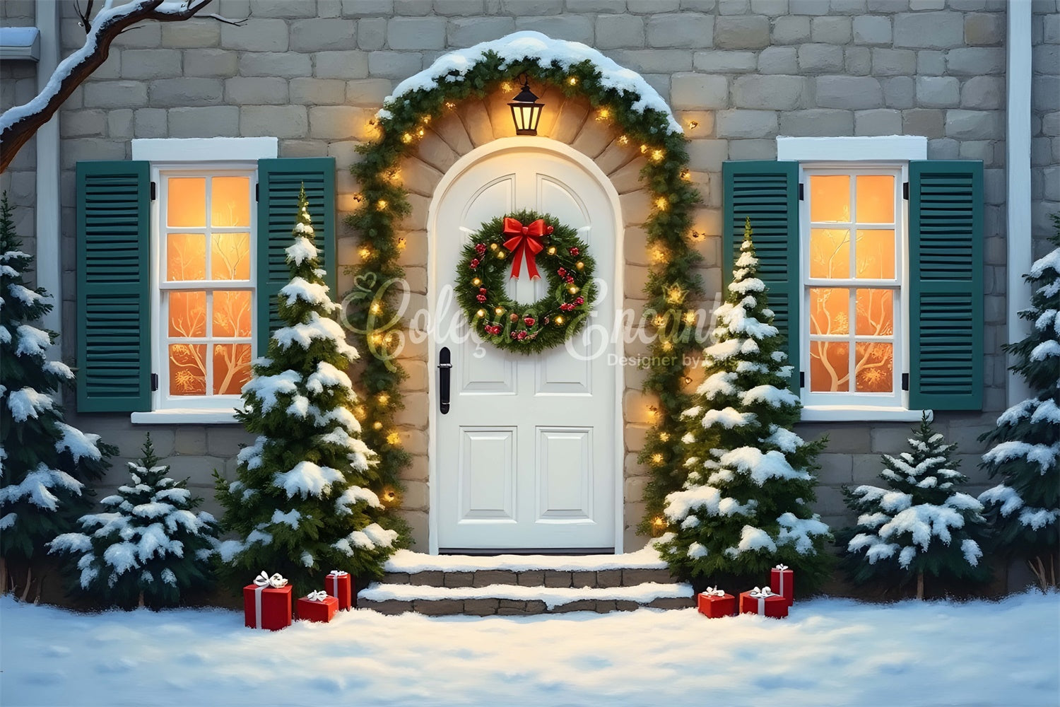 Weihnachts-Hintergrundkulissen Tür Tannengirlande Hintergrundkulisse CEM5-99