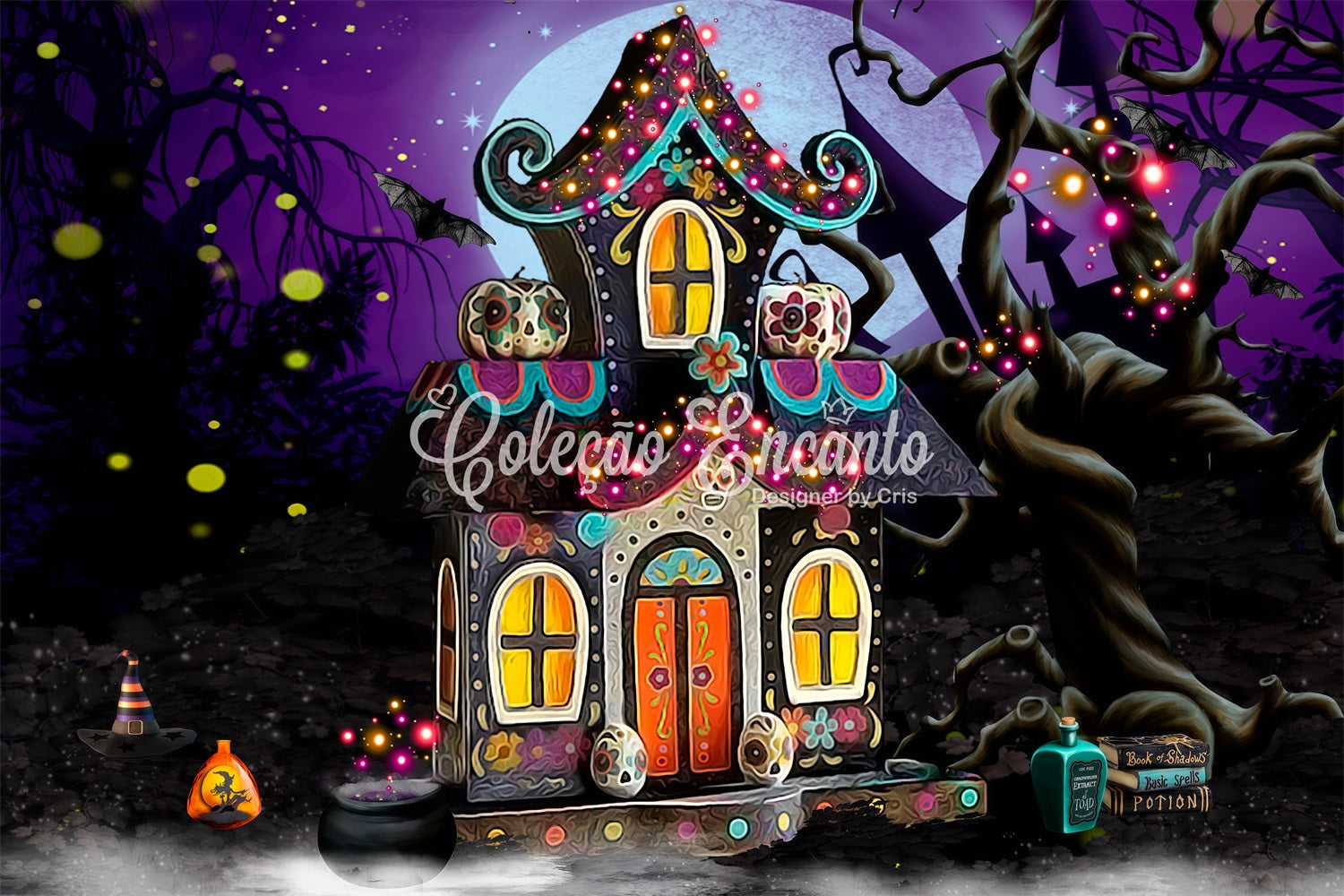 Kinder-Hintergründe Verspieltes Spukhaus mit Süßigkeiten Leuchtender Kinder-Halloween-Hintergrund von Magali