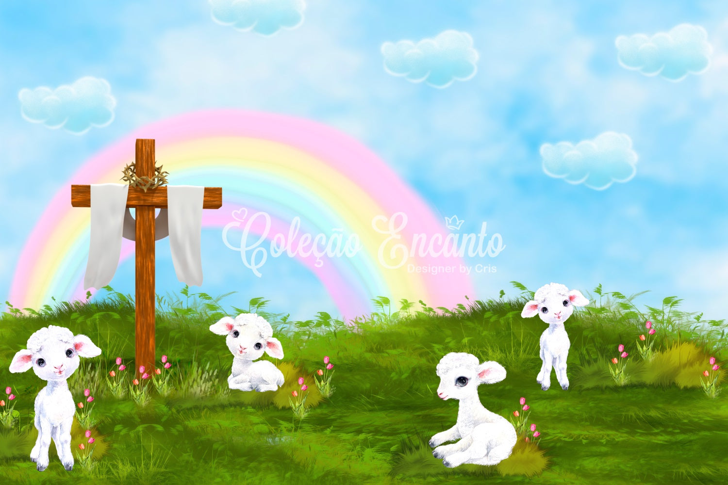 Hintergründe für Kinderfotografie Regenbogen Kreuz Lamm Wiese Segen Regenbogen Hintergrund von Magali