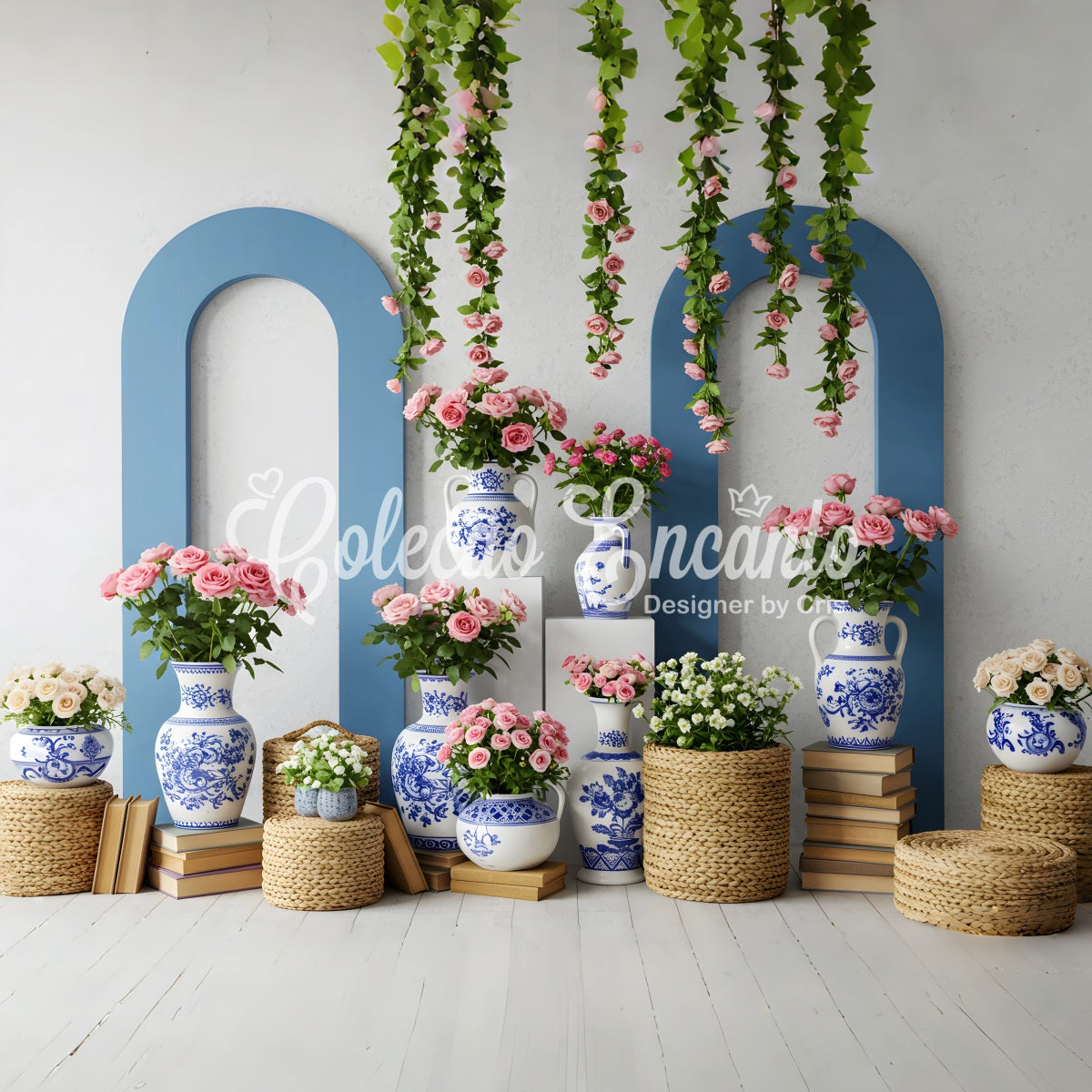 Muttertag-Fotoshooting-Hintergrund Blau-weiße Vase Blumen-Muttertag-Fotohintergrund von Magali