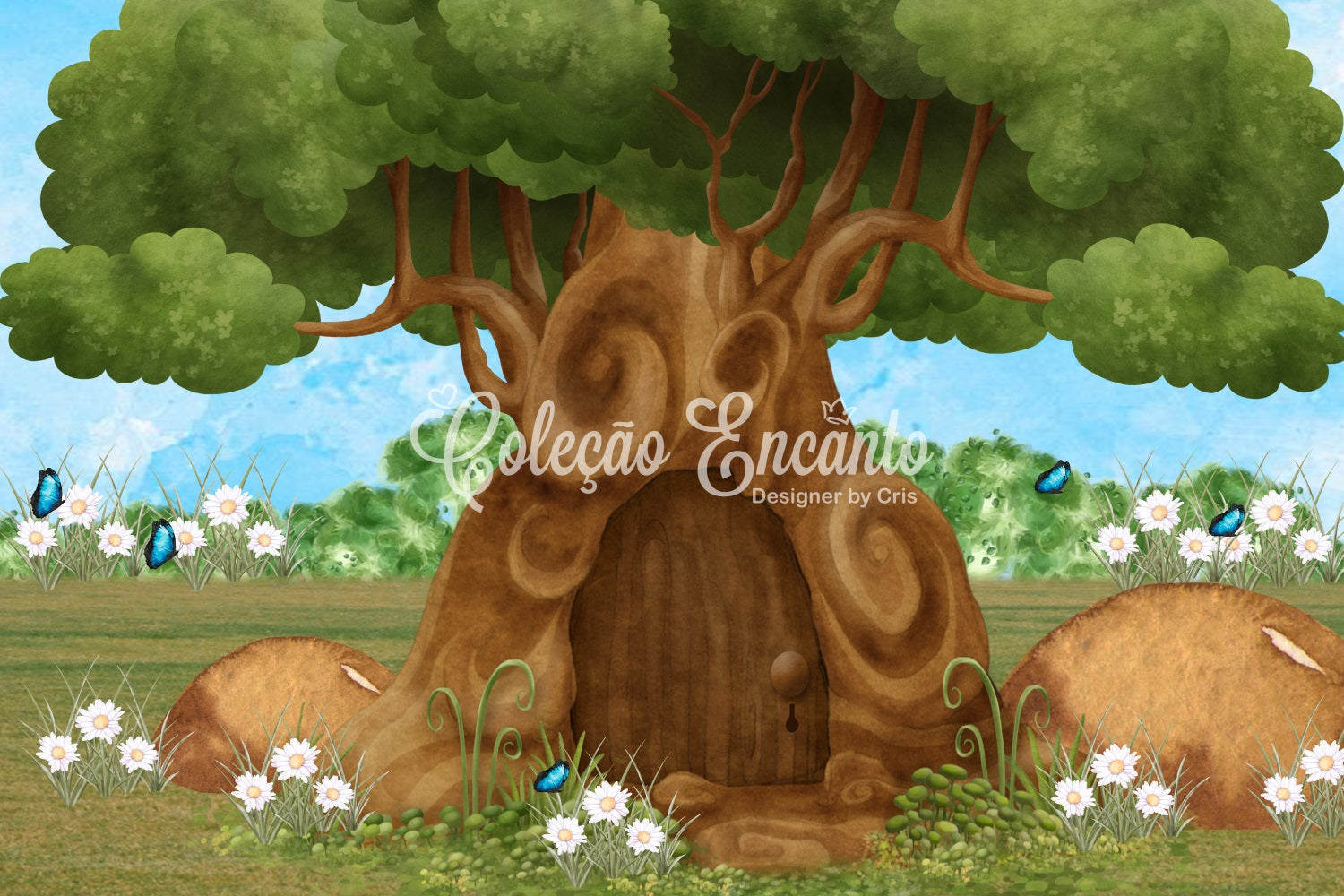 Hintergrund für Kinder Verzauberte Baumtür Gänseblümchengarten Schmetterling Hintergrund von Magali