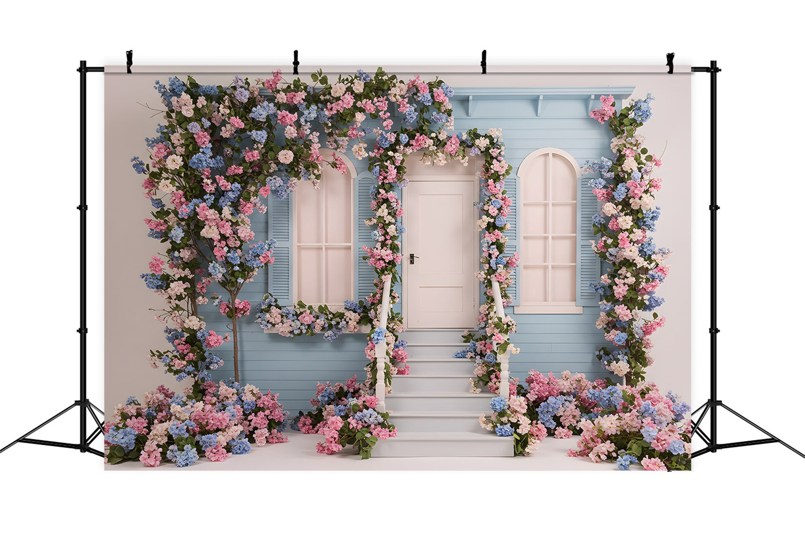 Fotohintergrund für den Muttertag Blaues Blumenhaus Muttertag-Fotoshooting-Hintergrund Von Magali