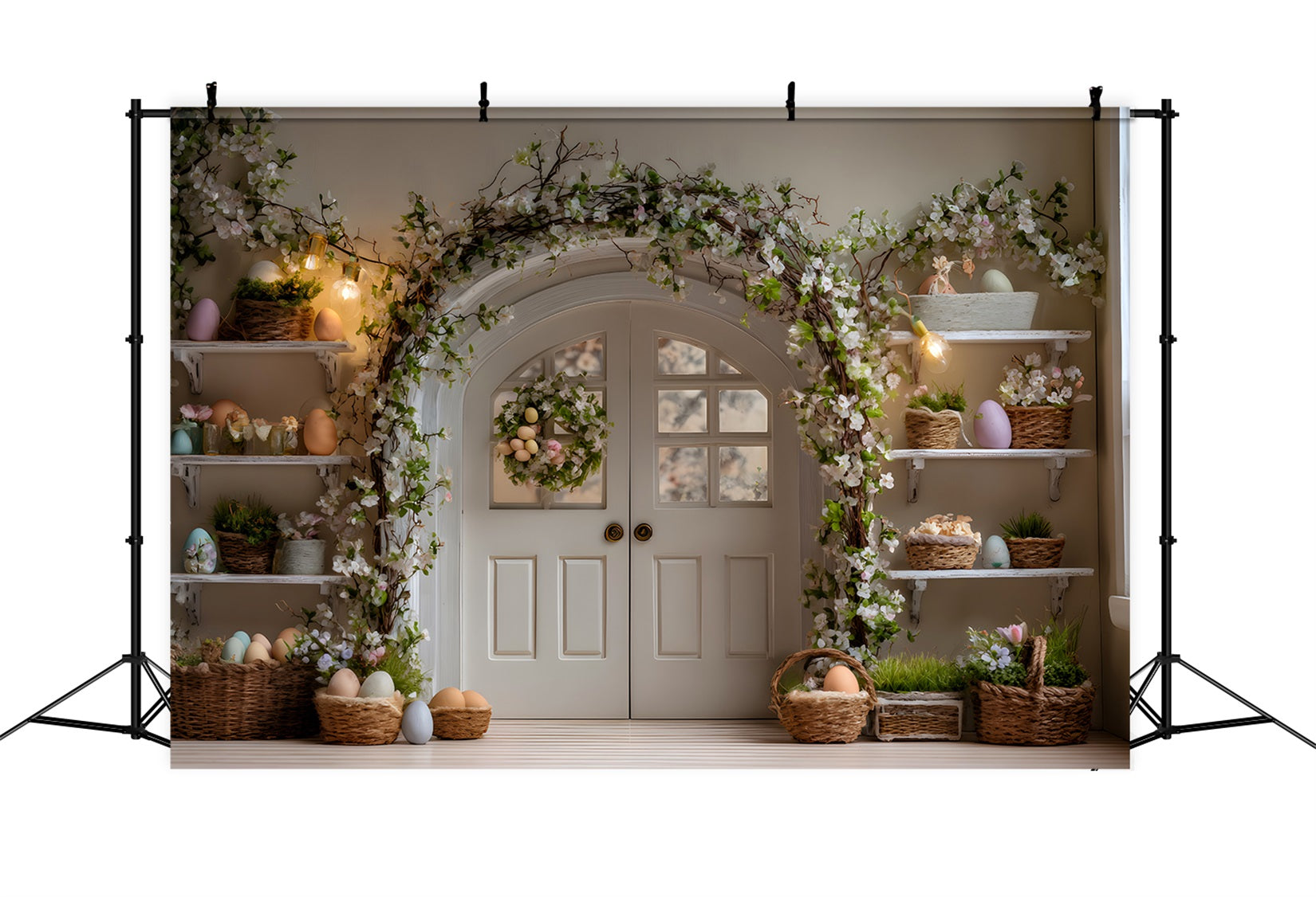 Osterkranz-Tür-Hintergrund Eier Blumenregale Frohe Ostern-Hintergrund von Magali