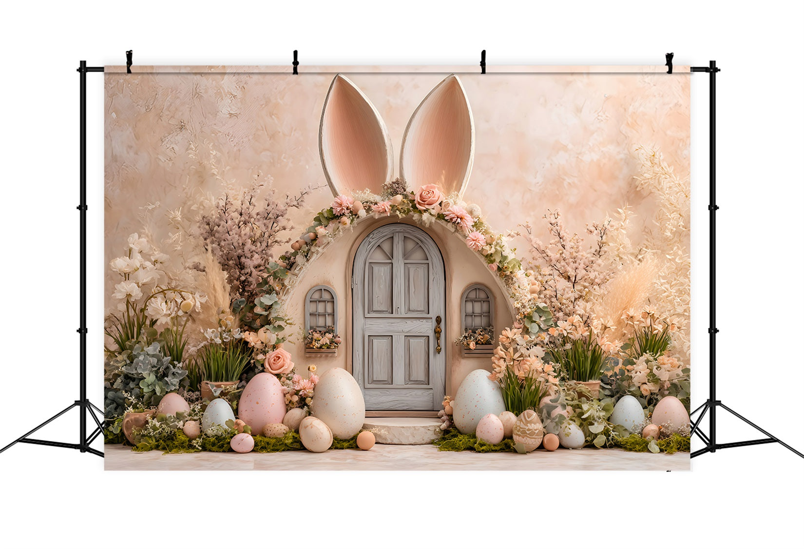 Oster-Hintergrund mit niedlichen Ohren Tür Pastellfarbene Eier Hintergrund für Osterbilder Von Magali