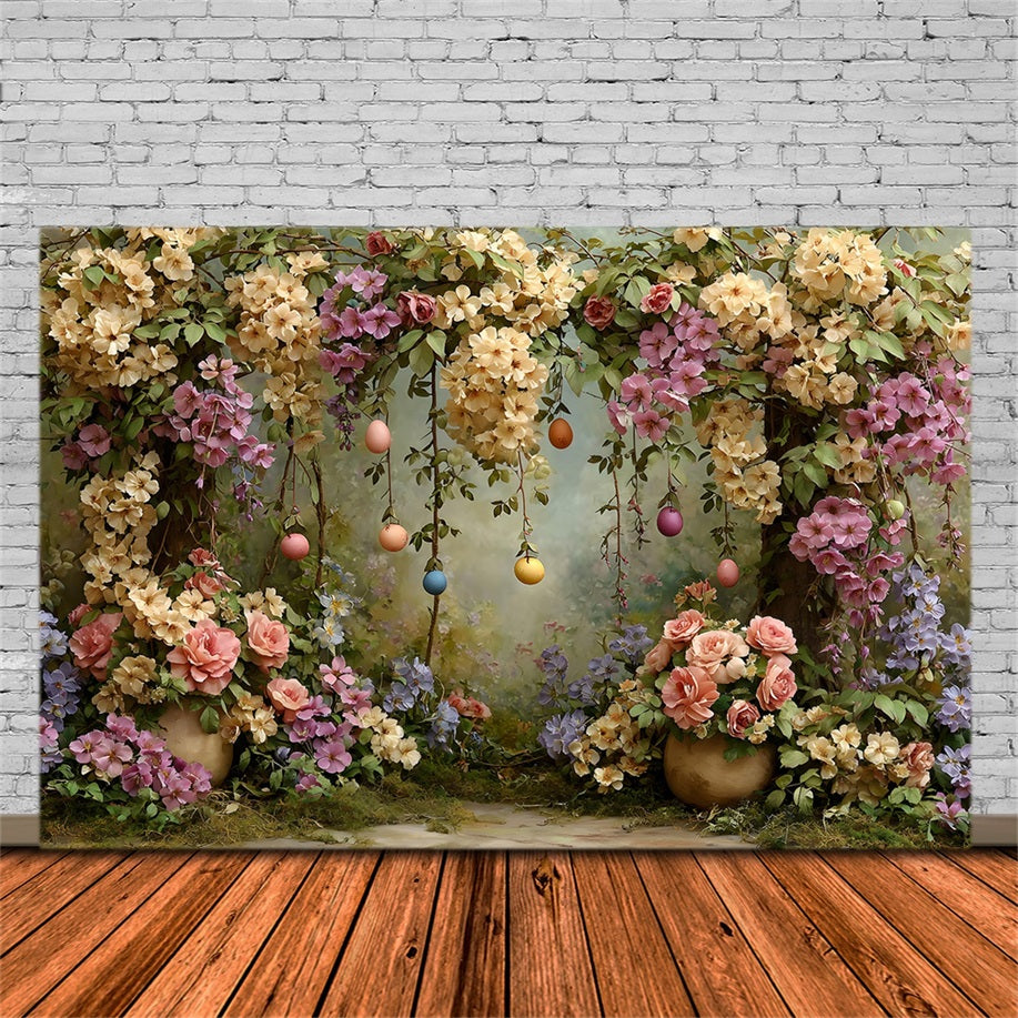 Oster-Vintage-Blumen-Hintergrund Blumenbogen Eiergirlande Fotografie-Hintergrund Ostern von Magali