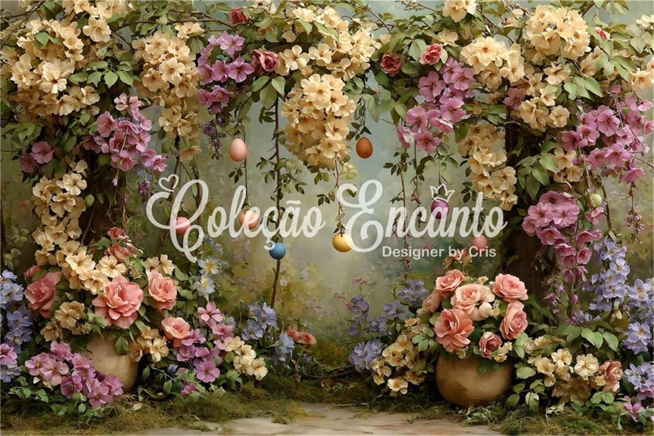 Oster-Vintage-Blumen-Hintergrund Blumenbogen Eiergirlande Fotografie-Hintergrund Ostern von Magali