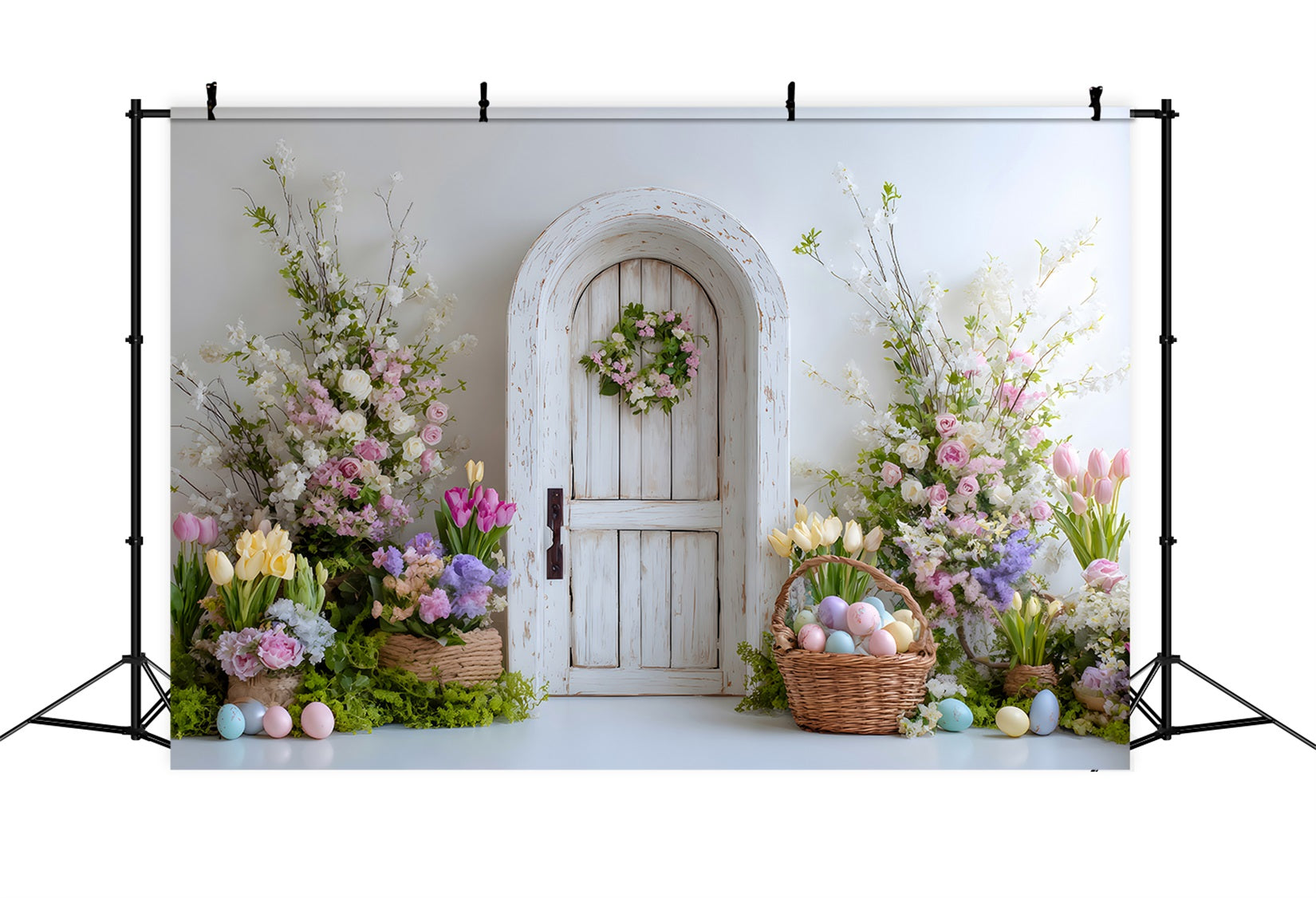 Oster-Frühlingshintergrund Kranz Tür Eierkorb Osterparty-Hintergrund Von Magali