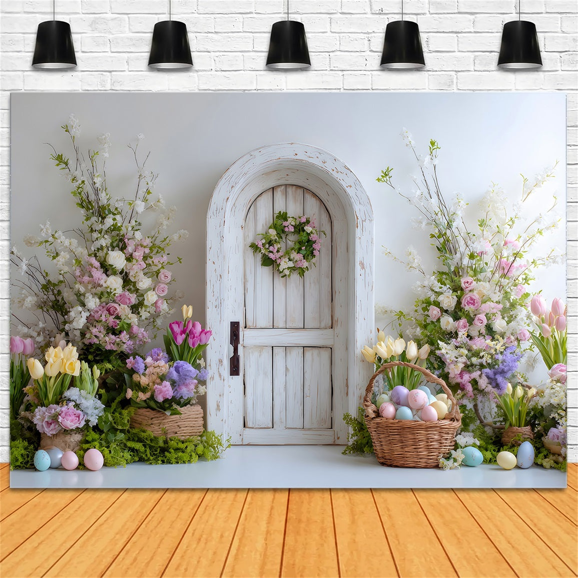Oster-Frühlingshintergrund Kranz Tür Eierkorb Osterparty-Hintergrund Von Magali