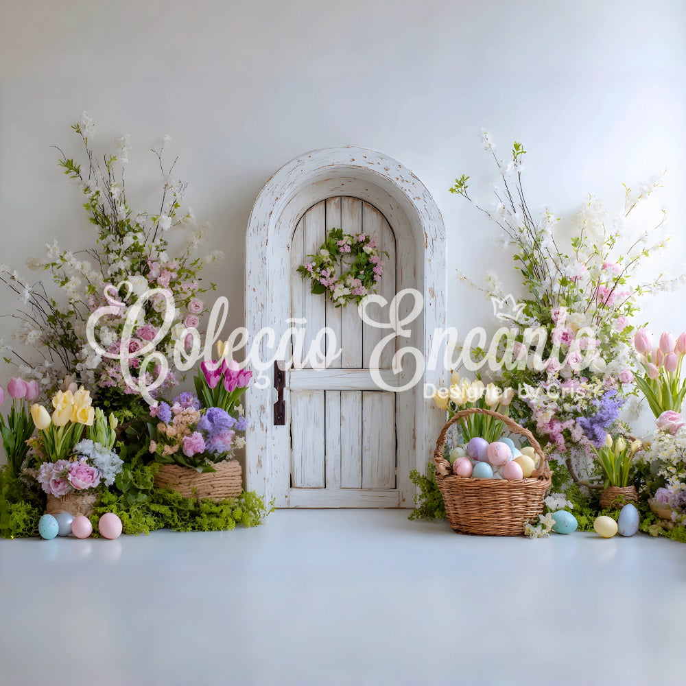 Oster-Frühlingshintergrund Kranz Tür Eierkorb Osterparty-Hintergrund Von Magali