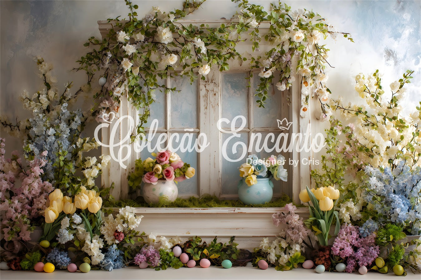 Oster-Cottage-Garten-Hintergrund Fenster Blumen Pastell Eier Fotohintergründe Ostern Von Magali