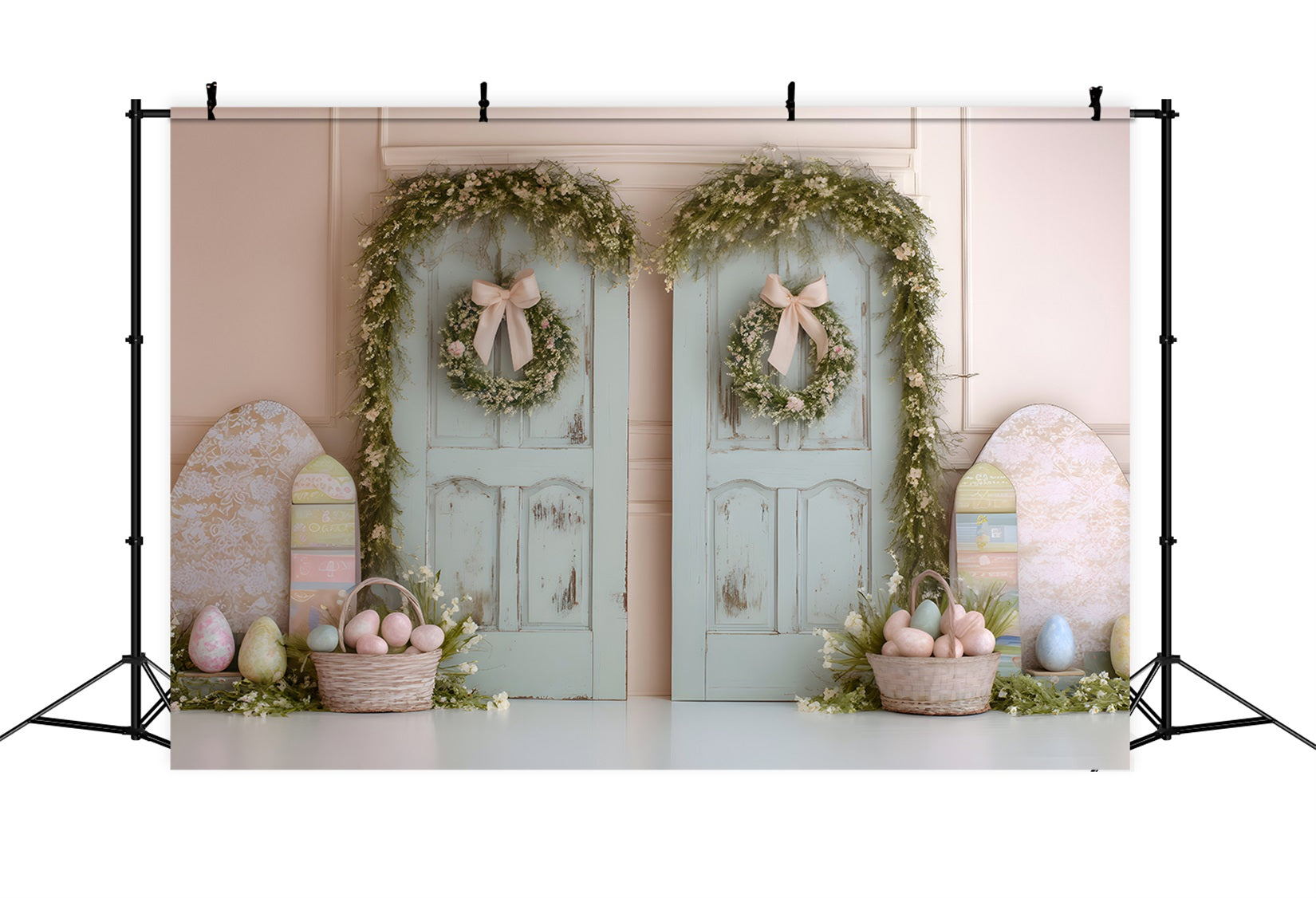 Frohe Ostern Hintergrund Doppeltüren Eierkörbe Ostern Hintergrund Foto von Magali