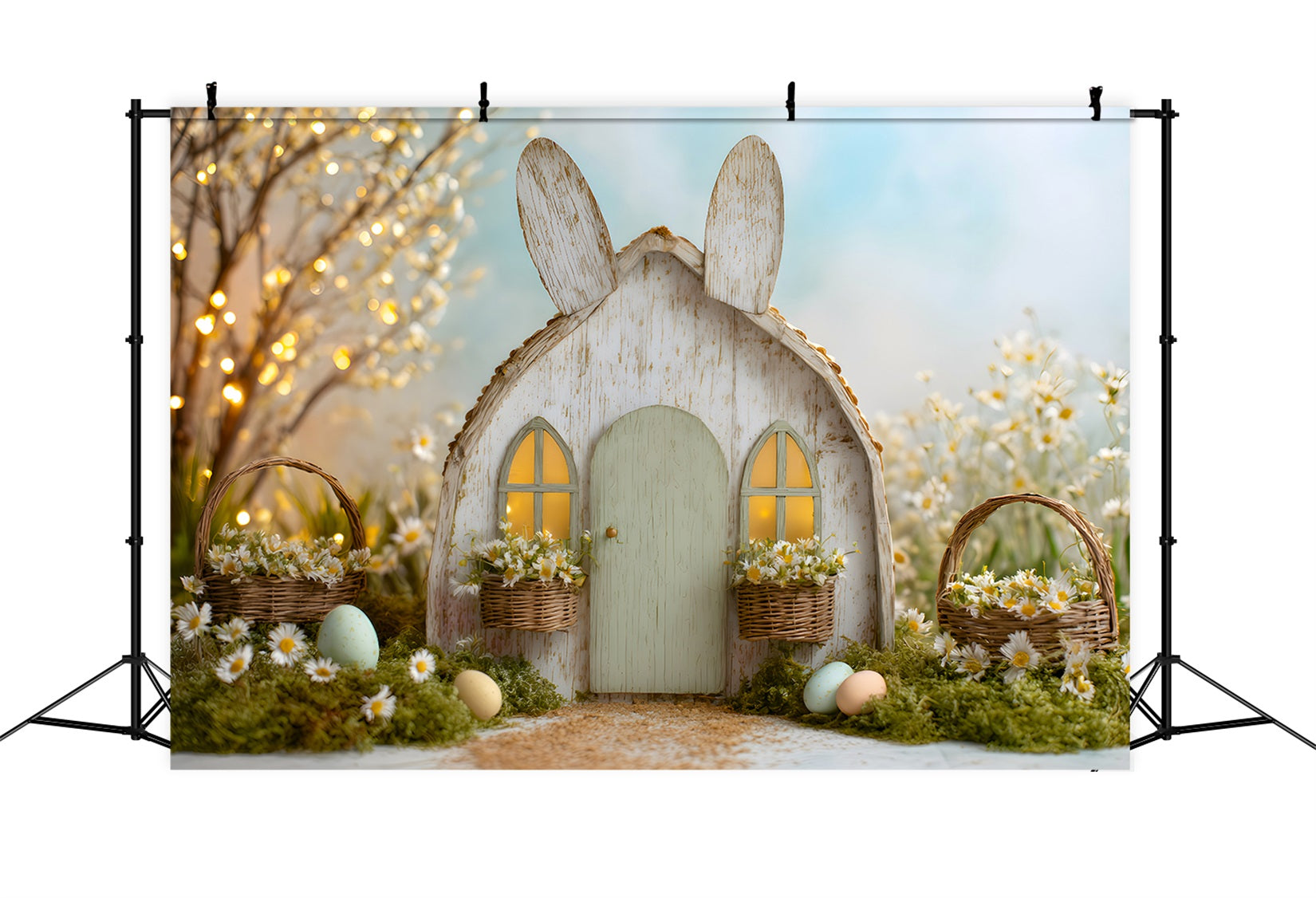 Ostern Märchen Hintergrund Hasenhaus Gänseblümchen Eier Ostern Thema Hintergrund von Magali