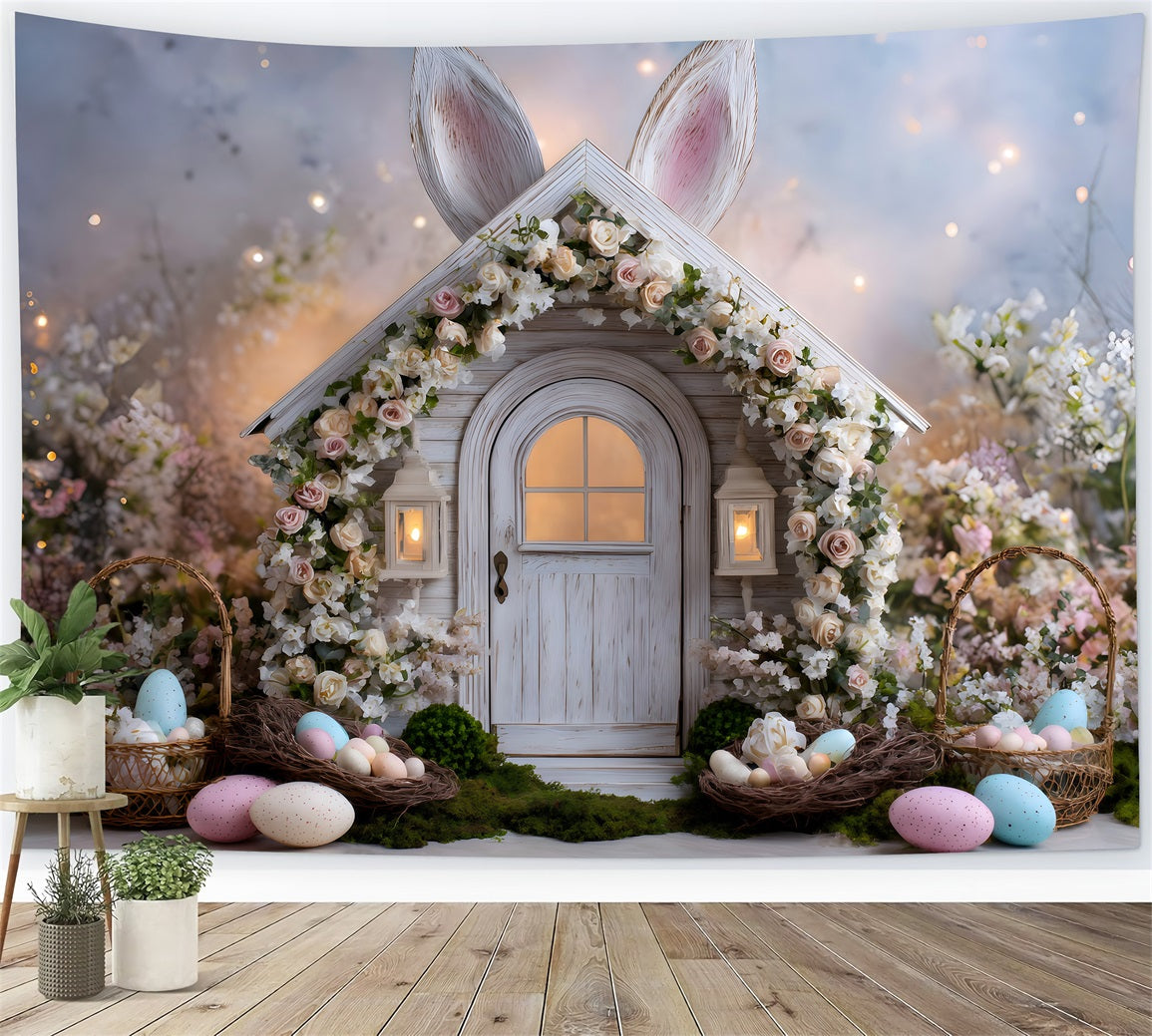 Oster-Märchen-Hintergrund Blumen-Hasen-Eier-Nester Fotografie Oster-Hintergründe von Magali