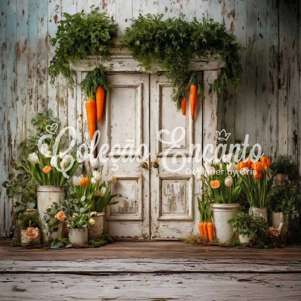 Oster-Tulpen-Hintergrund Rustikale Karotten-Türblüten Oster-Hintergründe von Magali