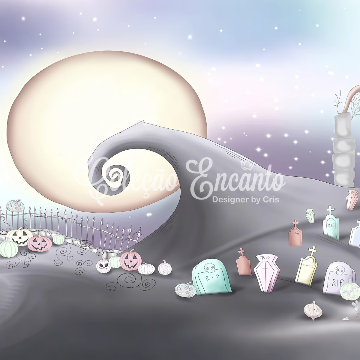 Neugeborenen-Hintergründe Pastellfarbener Friedhof Mondbeschienener Hügel Kinder Halloween-Fotohintergrund Von Magali